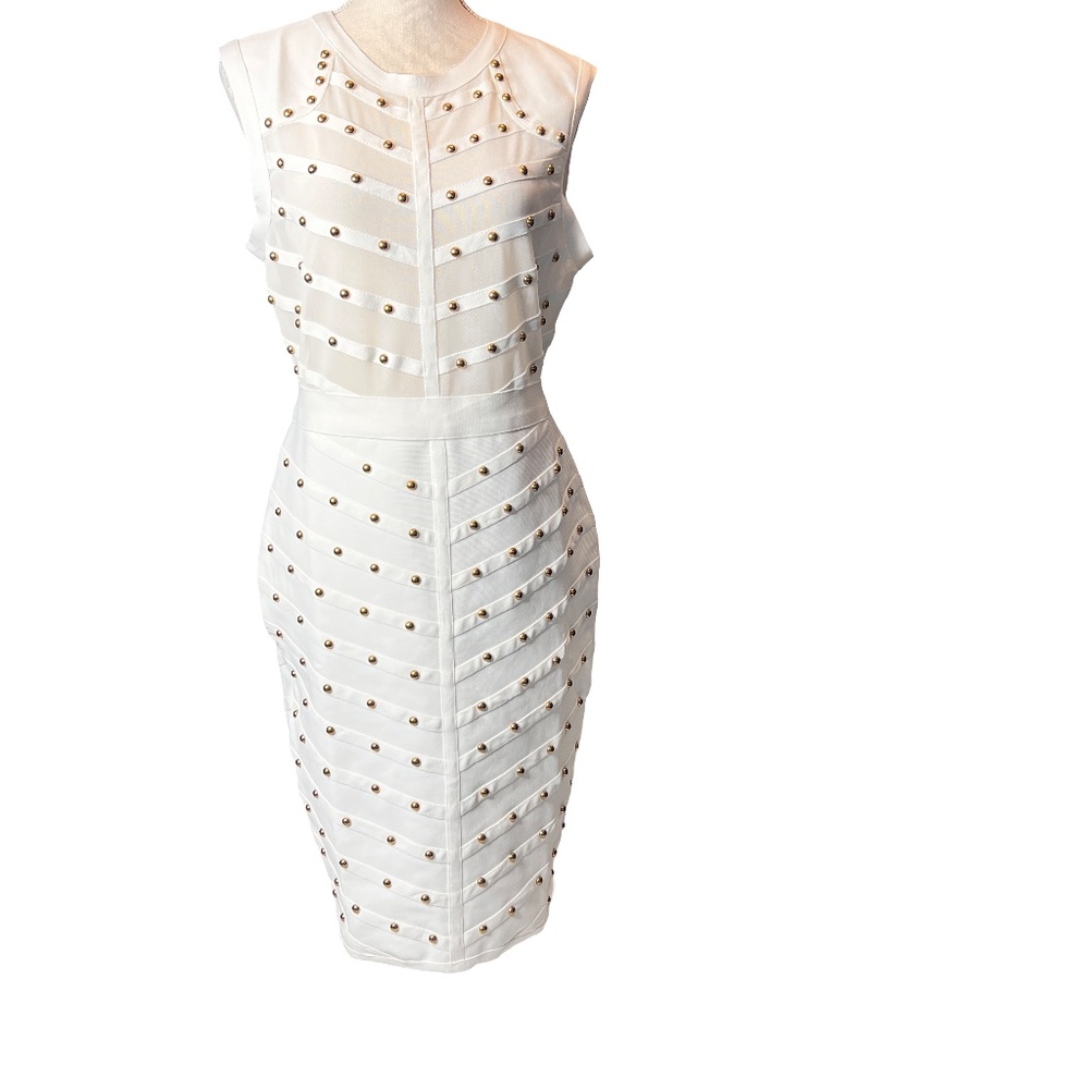 #A097 FT INC Romantic White Studded Vintage Bodycon Dress NWT XL - Picture 6 of 13
